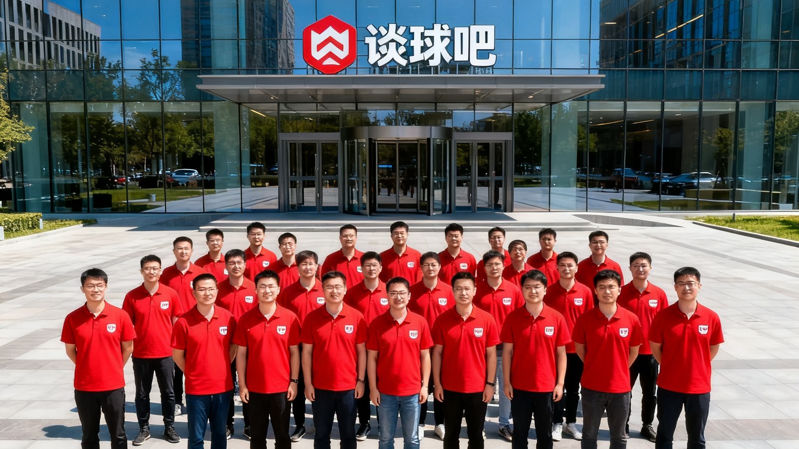 谈球吧北京总部办公大楼的现代玻璃幕墙外观，门前广场上约80名员工身着印有谈球吧标志的红色Polo衫集体合影，阳光明媚