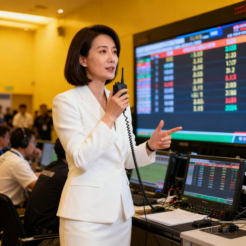 谈球吧COO赵一凡，42岁干练女性，齐肩短发，身着白色职业套装，站在赛事现场指挥调度